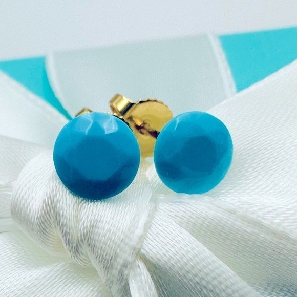 Tiffany & Co. 18k Gold Turquoise One Carat Faceted Earrings with Packaging - Picture 1 of 12